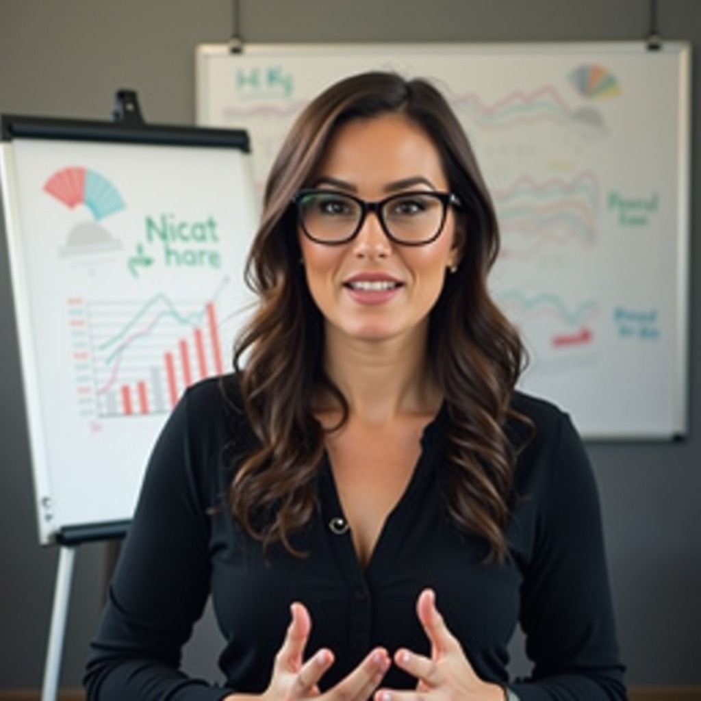 Show a woman explaining affiliate marketing strategies while directly looking at her audience through the camera. She is using charts and graphs that are visible on the screen. She is dressed in a black top and stylish glasses. Her face exudes confidence, and she speaks enthusiastically. Behind her, a whiteboard displays key points she's discussing.