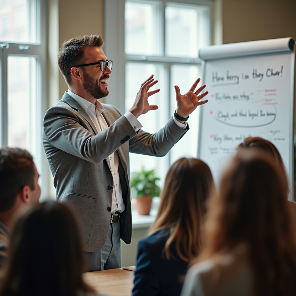 A professional coach is advising participants in a small dedicated workshop. He is filled with energy and enthusiasm, using hand gestures to clarify ideas. There is a large whiteboard in the room with key points written on it. The participants' eyes are filled with hope and curiosity. The crowd includes people from various backgrounds who are trying to improve their careers. This scene symbolizes education and inspiration.