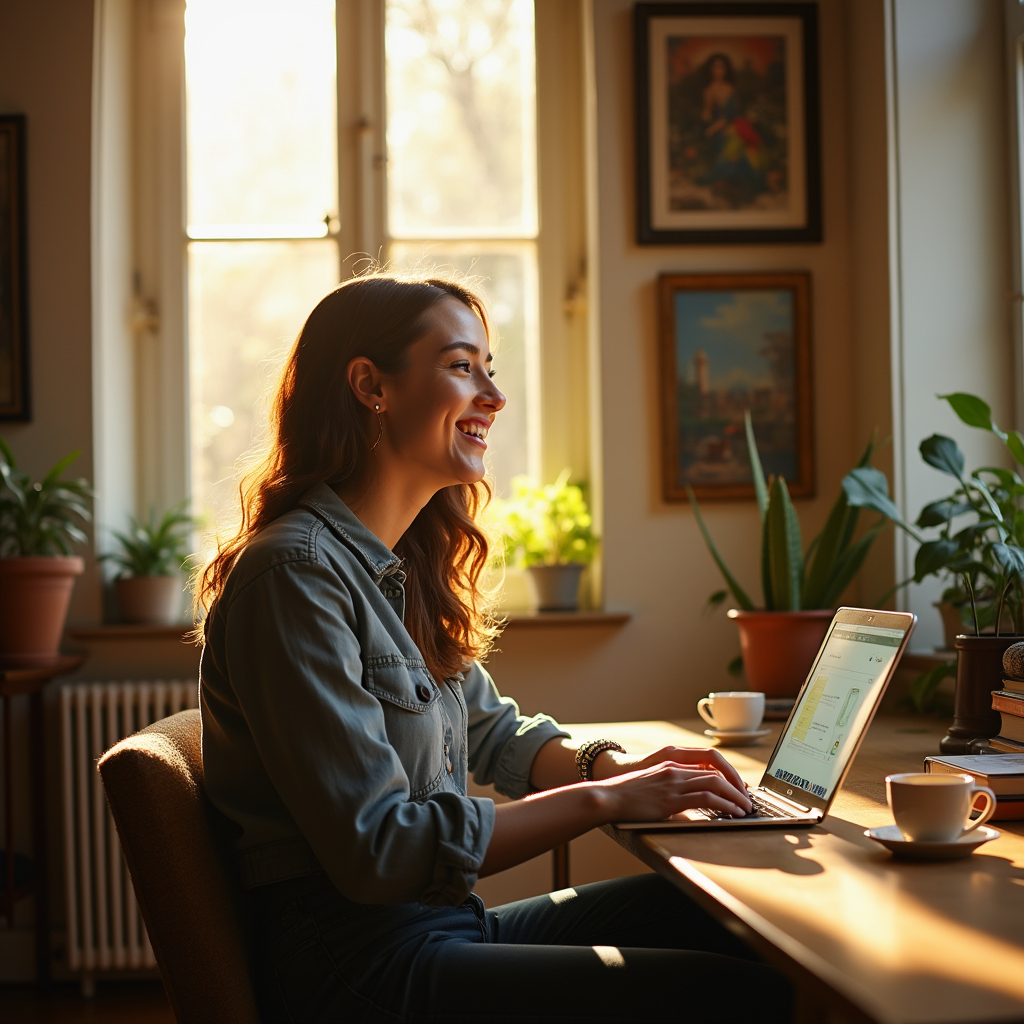 Show a freelancer working on their laptop, sitting by an open window. Sunlight streams in, casting a golden glow. Their face is excited, with a sparkle in their eyes and a slight smile. They are dressed in casual clothes and have a cup of tea next to them. The room is beautifully decorated with paintings and books. The work environment is pleasant and inspiring.