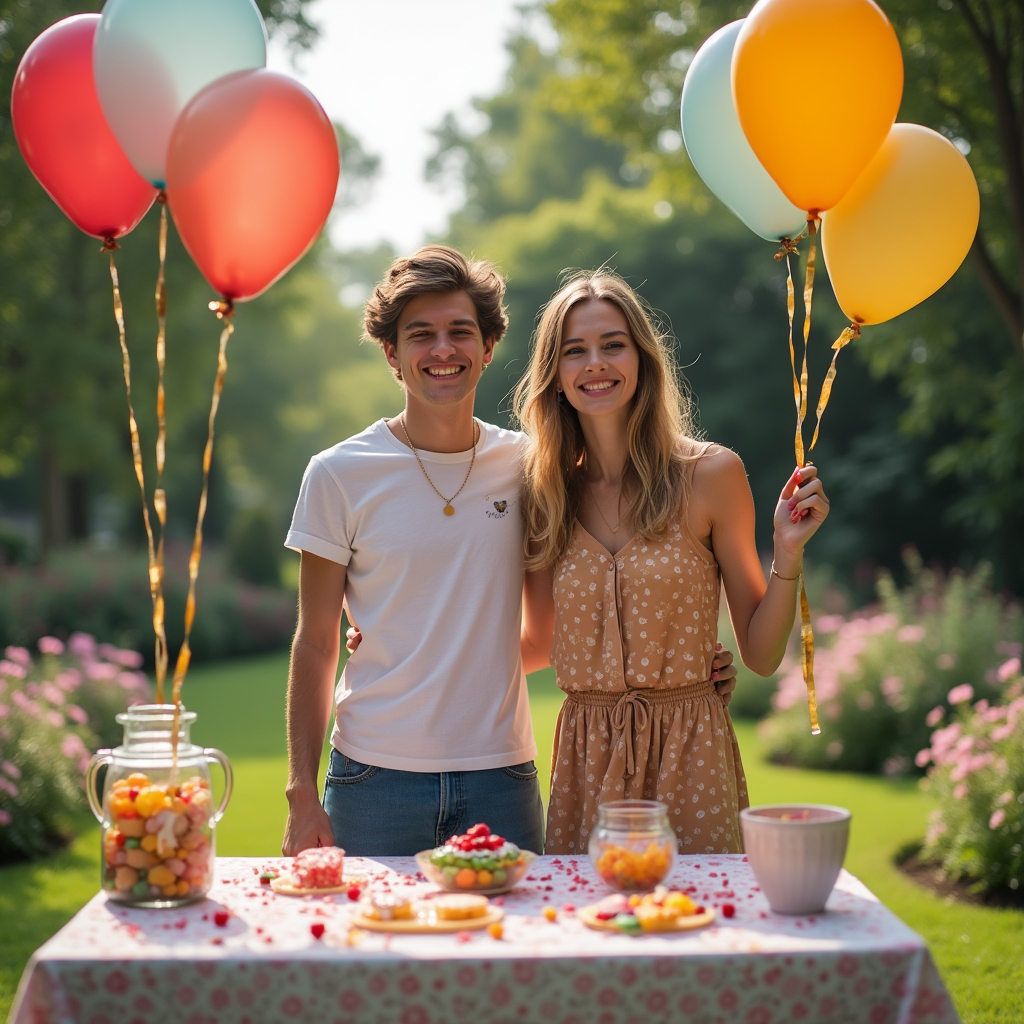 A young freelancer standing beside a table full of candies and balloons, celebrating their first big earnings, with a beaming face of joy. A friend beside them is congratulating them. The surroundings depict a beautiful garden, and they are relishing that special moment.