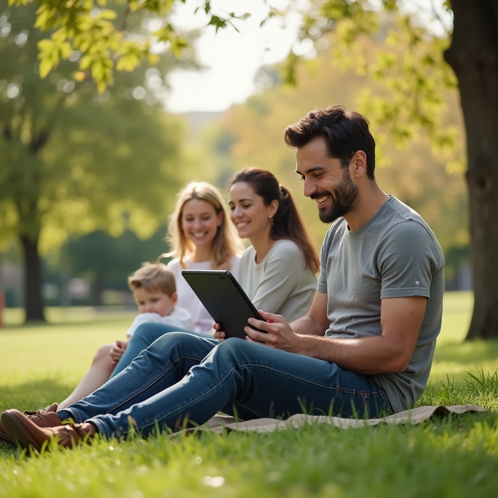 A man enjoying time in the park with his family, holding a tablet in his hand while working on a freelancing project. His wife and kids are nearby, playing and laughing. This scene clearly depicts how freelancing has granted him the freedom to spend more quality time with his family.