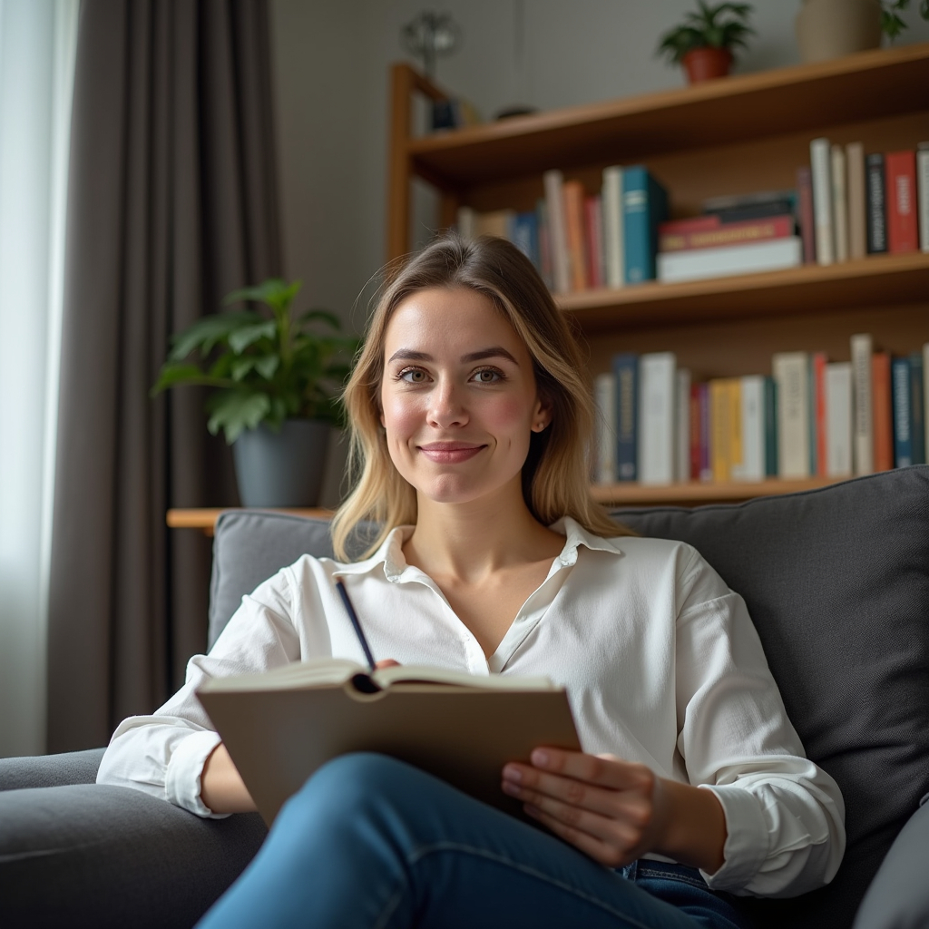 A woman freelancer sitting comfortably in a corner of her home, attending an online class. Her eyes sparkle with curiosity as she takes notes. The room features a shelf filled with books and inspirational quotes on the walls. Soft lighting creates a positive atmosphere in the space.