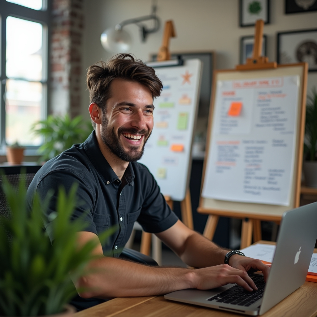 A male freelancer is seated in front of his laptop, engaged in a video call discussing a project with a client. His face shows excitement and confidence as he articulates his ideas. Beside him is a board filled with notes and a task list. The room has a professional yet comfortable atmosphere, decorated with plants and pictures.