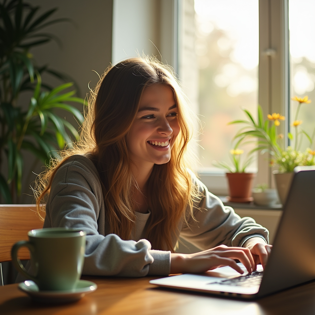 A young freelancer sitting in their workspace, their eyes bright and enthusiastic, next to an open window where morning sunlight is streaming in. They are typing on a laptop, with a cup of tea beside them and a plant adding liveliness to the scene. Focused on an amazing project, their face expresses a mixture of contentment and happiness.