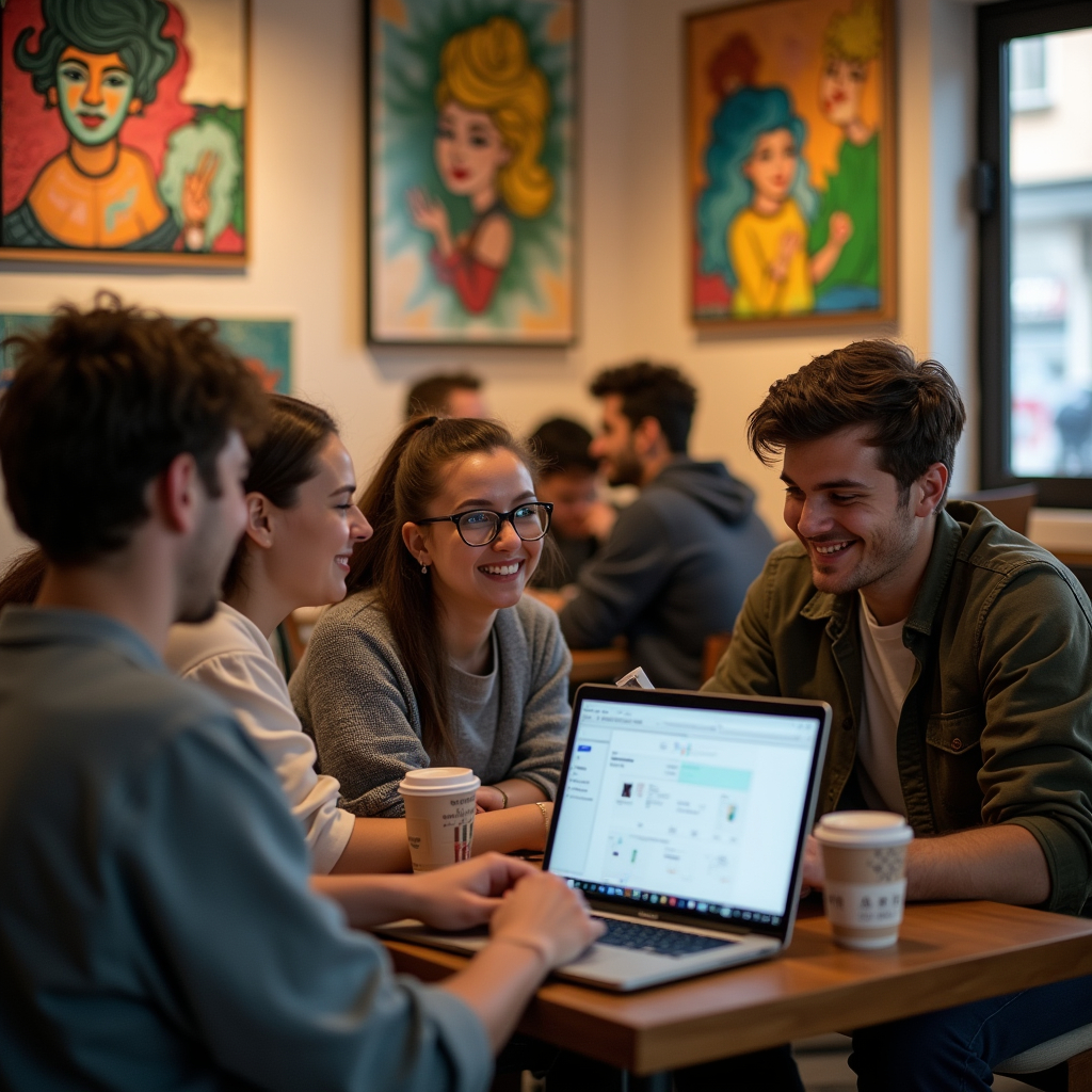 A group of young freelancers gathered in a café, working on their laptops. Each person is deeply engaged with their screens, focusing on different projects while laughing and sharing ideas with one another. The café atmosphere is lively and colorful, with art pieces adorning the walls and filled coffee cups on the tables.