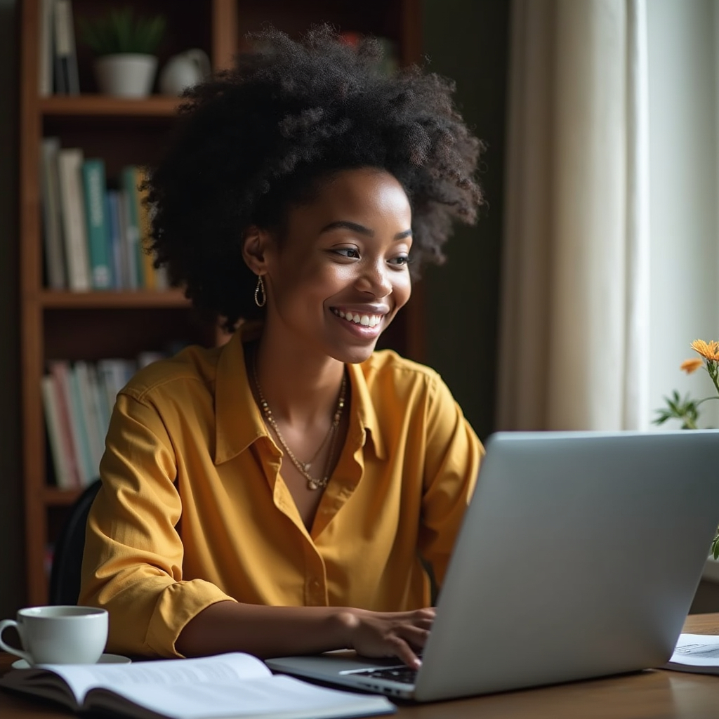 A young woman is working on her laptop in a corner of her home. She is focused on basic freelancing materials, surrounded by a bookshelf. Her face is filled with determination and self-confidence, with a glimmer in her eyes reflecting future opportunities. The room is softly lit, and there is a cup of coffee on her table. She glances at her computer screen, a slight smile on her face as if she has achieved a significant milestone.