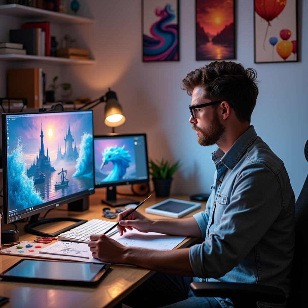 A professional graphic designer is seated at a large desk, holding a digital paintbrush, working on a new project. Surrounding him are computers, tablets, and design tools, displaying vibrant colors and artistic creations. He is immersed in creativity, with inspiration shining in his face. On the wall behind him, examples of his artworks hang, showcasing his skill.