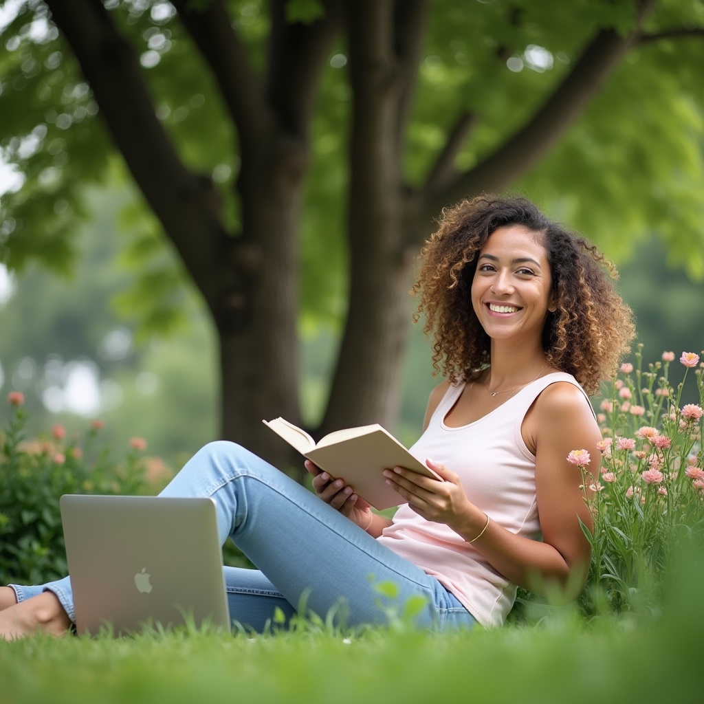 A happy and satisfied woman sits in a garden, holding a book and reflecting on her freelancing experiences. Her face conveys confidence and contentment. Surrounding her are greenery and fragrant flowers, with a laptop resting at her feet. She enjoys a cup of tea as a celebration of her success. In the background, a large tree symbolizes normalcy and peace.