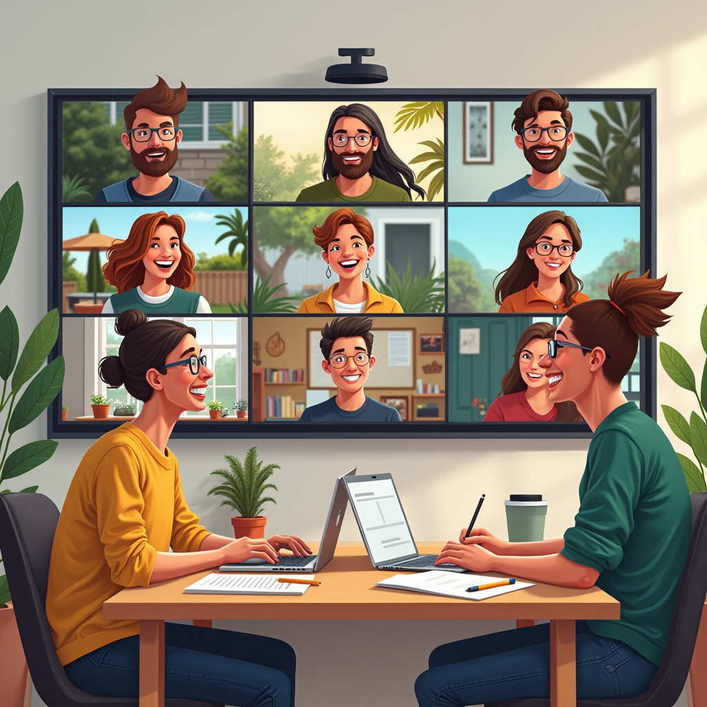 Illustrate a group of freelancers in a virtual meeting. Each person's video screen shows a glimpse of themselves. Some are in their garages, some in gardens, and others in their workspaces. All have an eagerness for collaboration in their eyes. In the background, some interesting pictures showcase their work. The atmosphere is filled with laughter and joy, with genuine happiness on everyone's faces.